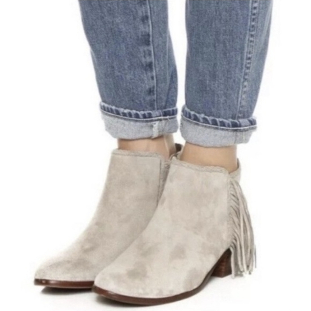 SAM EDELMAN PAIGE SUEDE LEATHER FRINGE ANKLE BOOTIES TAUPE WOMENS SIZE 8